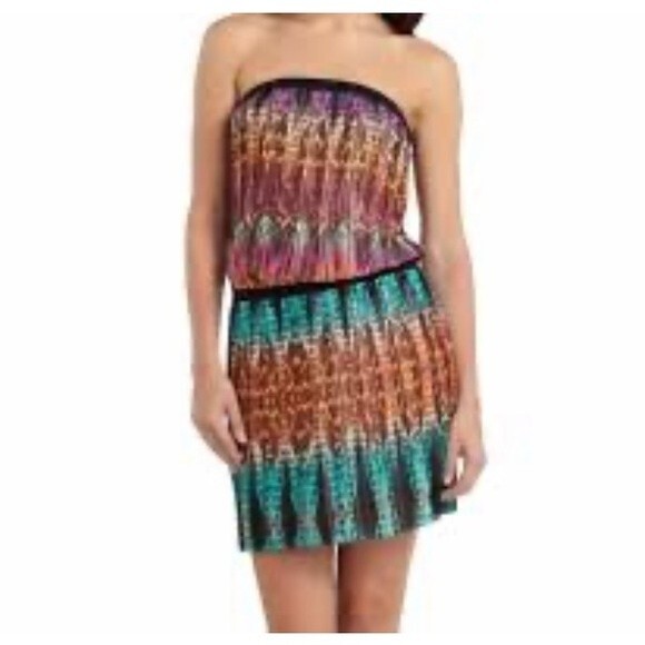 BCBGMaxAzria Taja Pleated Multicolored Batik Print Strapless Mini Dress Size S - Picture 1 of 12